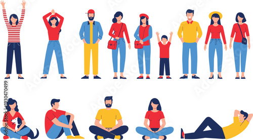 Flat vector illustration of diverse people standing sitting and lying down set, architectural scale figures for CAD drawing and design.