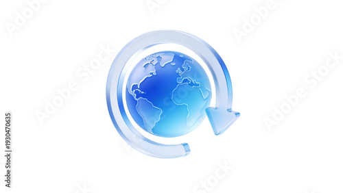 A 3d glass globe illustration of the blue planet earth featuring world continents and oceans on a white background for global business and travel design