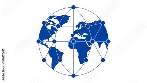 A 3D blue globe illustration depicting a global communication network and social network concept through a digital web of technology connections across a world map