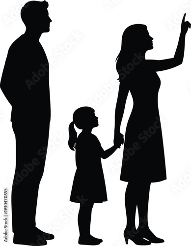 Silhouette of family with child pointing upward, parents together observing sky, concept of guidance, unity, parenting, future vision