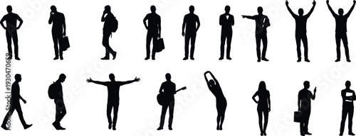 Silhouette people vector illustration showing diverse human poses, activities, gestures, and everyday actions for design, education, and creative projects