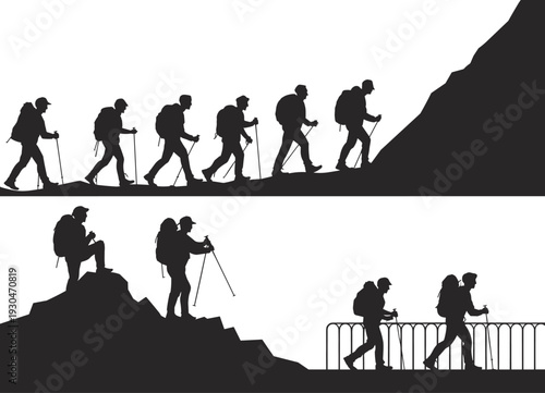 Flat vector illustration of hiker silhouettes climbing mountains trekking with poles and walking on ridges cad drawing flat vector illustration.