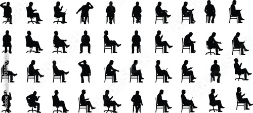 Silhouettes of seated people in various postures using devices, talking, thinking, working, ergonomic positions, office chairs, and daily activities
