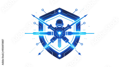 A 3D vector illustration of a sword and shield design featuring a wind rose compass symbol as a business direction icon for a sea travel map web sign