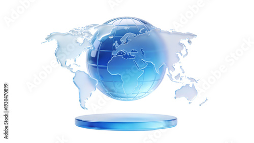 A 3d glass globe ball showing a blue world map illustration with continents and global business travel concept