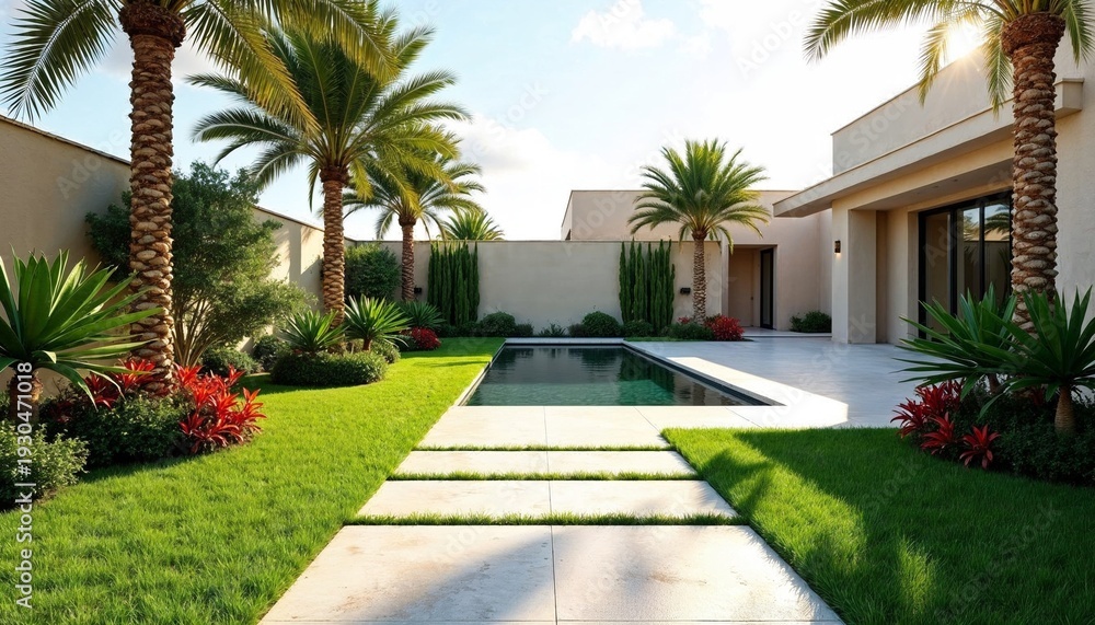 Obraz premium Modern house backyard with swimming pool. Luxury residential landscaping and architecture design. Outdoor living space for vacation.