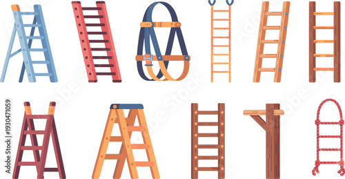 Climbing ladder and safety equipment set with ropes harness and wooden steps flat vector illustration for construction maintenance work isolated