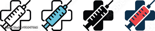 Syringe icons with medical cross symbol representing vaccination, injection, healthcare, immunization, medicine, hospital, clinic, wellness, and patient care illustration