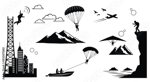 Diverse extreme sports and outdoor adventure activities depicted in a bold black and white vector graphic illustration.