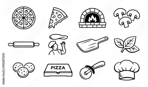 Pizza and Pizzeria Icon Set – 12 Black and White Line Art Italian Restaurant Symbols