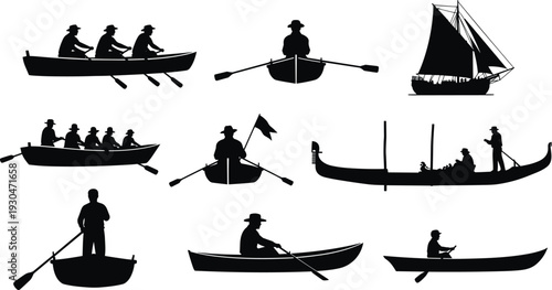 Collection of boat and rower silhouettes including canoe, gondola and sailboat isolated on white background, nautical vector illustration set
