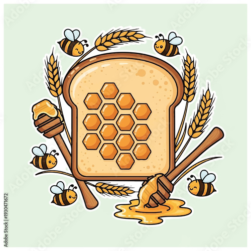 Honeycomb on Bread with Bees and Dippers.