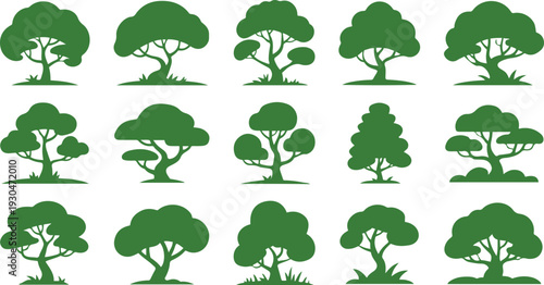 Set of green tree silhouettes with grass bases trees