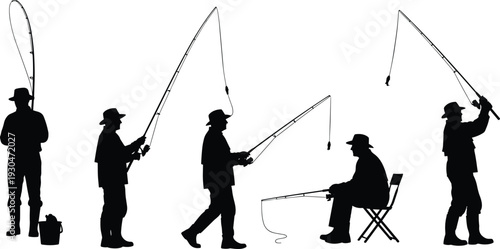 Collection of fisherman silhouettes with fishing rods in different poses isolated on white background, angler vector illustration set