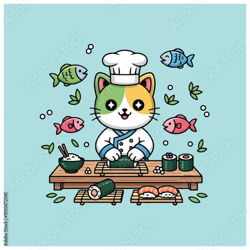 Cartoon Cat Chef Preparing Sushi.