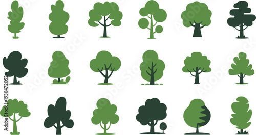 Collection of stylized green trees on white background