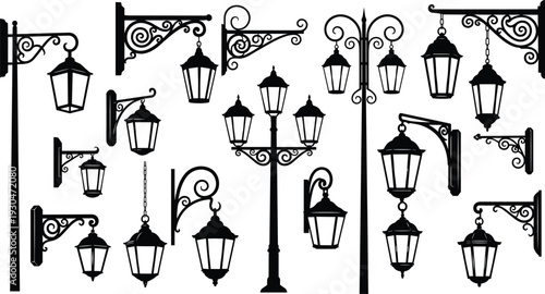 Flat vector illustration of various vintage street lamps and ornate lanterns in black silhouette set cad drawing flat vector illustration.