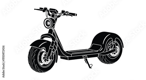 Black and white illustration of a modern electric scooter with large tires