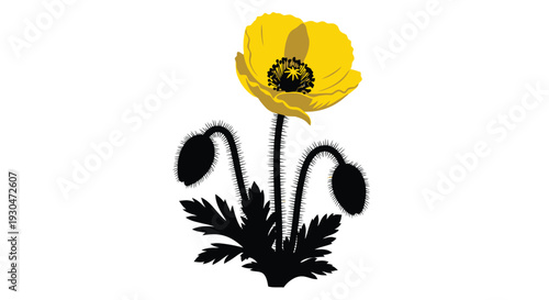 A striking illustration of a vibrant yellow poppy flower with dark accents