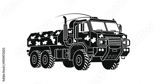 Stylized black and white illustration of a heavy duty military truck