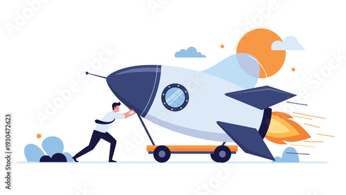 Determined businessman pushing a large white and blue rocket on a cart to launch a new business startup project or initiative.