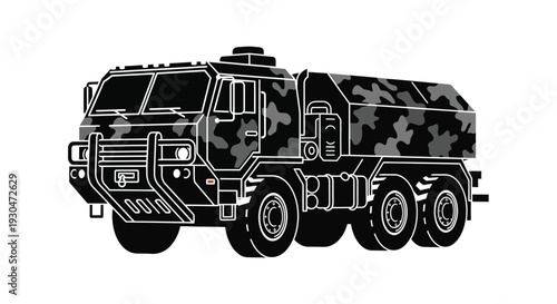 Stylized illustration of a military truck with camouflage patterns