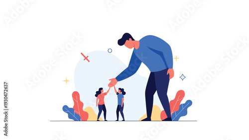 Enormous blue figure reaching out a hand to two small people standing in a field representing mentorship and professional support.
