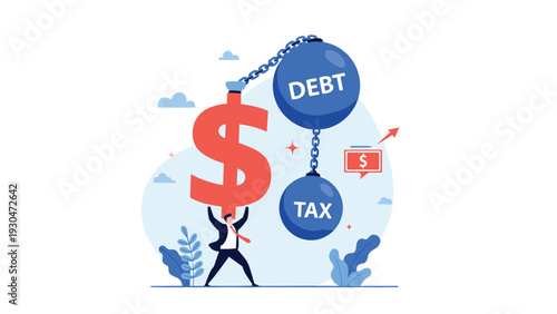 Strong businessman lifting a heavy red dollar sign that has large blue weights labeled debt and tax chained to it with effort.