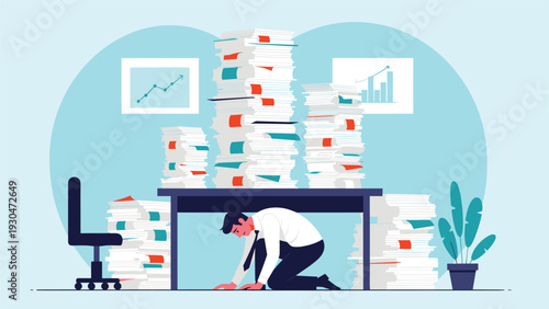 Stressed businessman hiding under his office desk from massive piles of paperwork and overwhelming workload in a messy office environment.