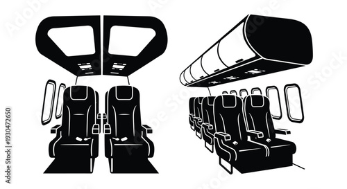 Airplane interior illustration depicting seats and overhead compartments