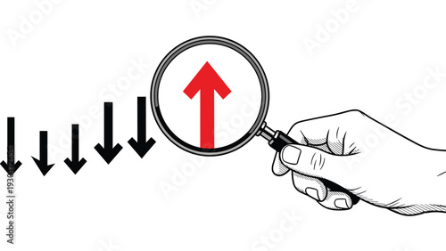 Magnifying glass held by a hand reveals a hidden red upward growth arrow among many black downward arrows representing a trend.
