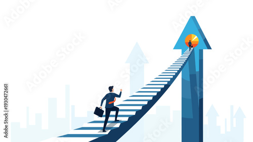 Businessman walking up a long staircase that is built onto a massive blue upward arrow graph toward a bright sunny peak.