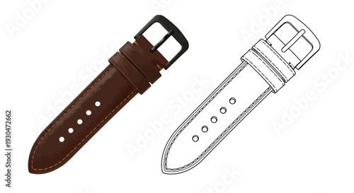 A technical illustration of two watch straps leather and canvas