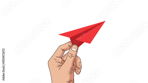 Hand holds a bright red paper plane ready to be launched as a symbol of fresh ideas, startups, and creative communication projects.