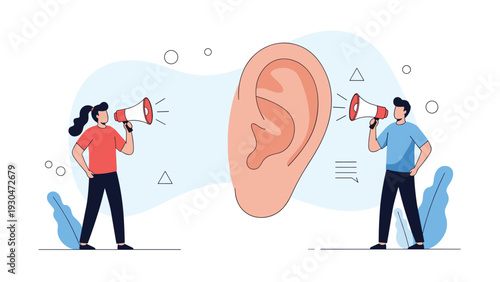Man and woman shout through megaphones into a giant human ear to emphasize the importance of effective listening in communication.