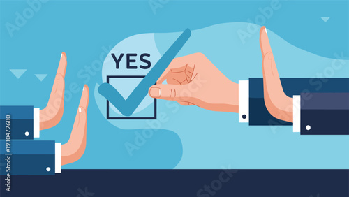 Two pairs of hands make stopping gestures to block a blue checkmark symbol to represent rejection or disagreement with a proposal.