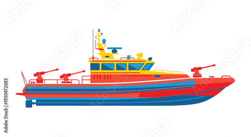 Stylized illustration of a red and blue military patrol boat at sea