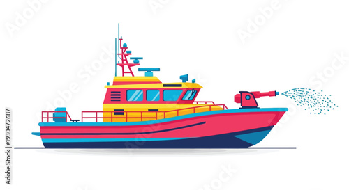 Colorful illustration of a fireboat spraying water from its nozzle