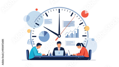 Team of dedicated office professionals work at their computers under a giant clock with various business data charts behind them.