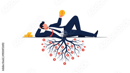 Successful businessman lies down holding a gold coin above a deep root system where coins grow on the branches beneath the surface.