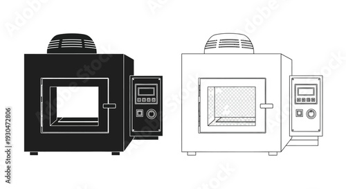 Two depictions of a laboratory oven one black and one white