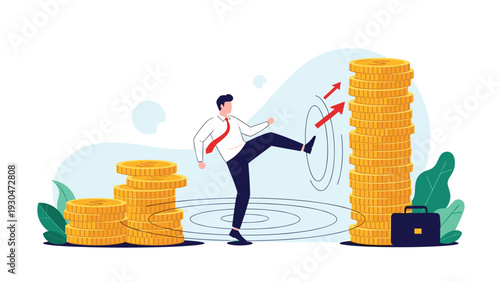 Energetic businessman kicks a tall stack of gold coins through a portal to create even more wealth and financial growth arrows.