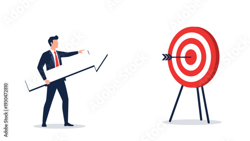 Motivated businessman aiming a growth arrow at a bullseye target representing goal achievement and successful corporate business strategy.