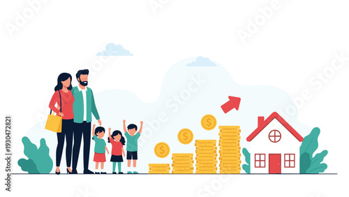 Happy family standing next to growing stacks of gold coins and a house symbol representing mortgage savings and future home ownership.
