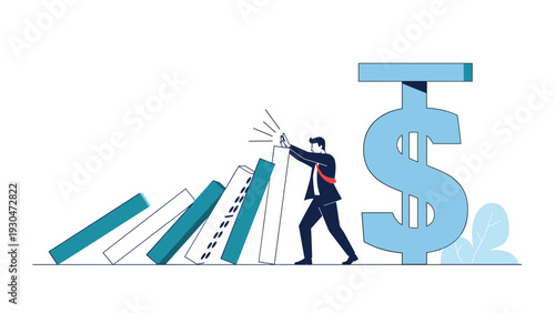 Professional businessman preventing a financial domino effect by stopping falling tiles next to a large blue dollar sign currency icon.