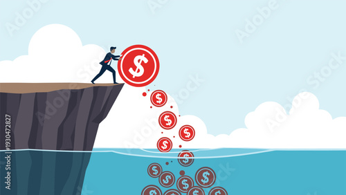 Businessman pushing large red dollar coins off a high cliff into deep blue water representing high financial risk and capital loss.