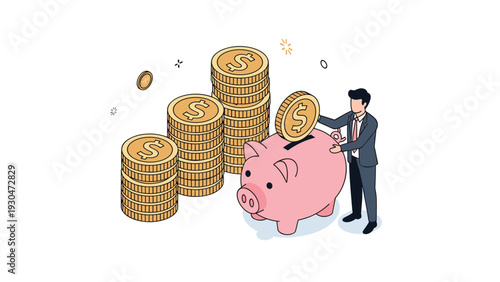 Successful businessman saving money by putting a gold coin into a pink piggy bank next to growing stacks of wealth and capital.