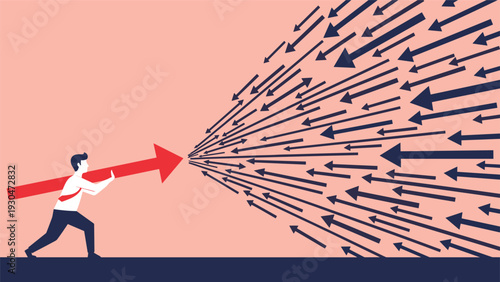 Determined businessman pushing a large red growth arrow against a crowd of opposing black arrows symbolizing intense market competition.