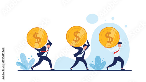 Group of determined businessmen carrying heavy gold dollar coins on their shoulders representing hard work and financial responsibility.