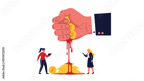 Giant hand squeezing blood out of gold coins into a pool while two women watch symbolizing exploitation and extreme corporate greed.